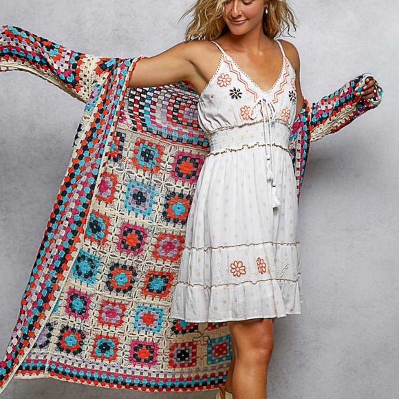 POL Sweaters - New POL Long Crochet Granny Square Duster Cardigan Boho Multicolor One Size